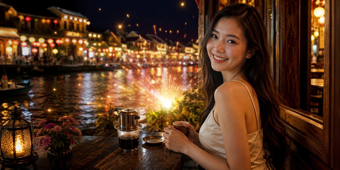 Người dùng đăng nhập tài khoản cá cược trực tuyến bên ly cà phê tại Hội An